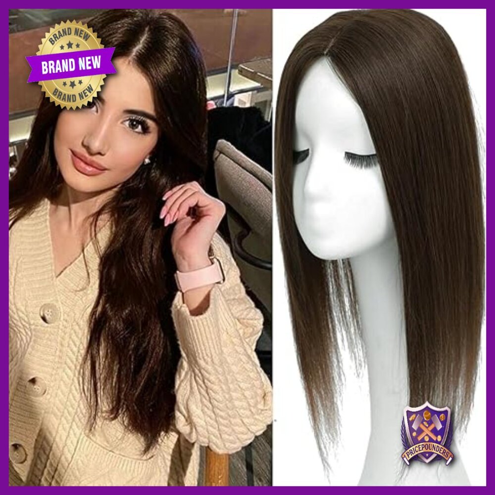 Real Human Hair Topper for Thinning Crown, 16 Inch with Clip-in Bangs,